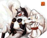  2015 anthro black_body black_fur bottomwear canid canine canis clothed clothing duo eyes_closed fox fur gingitsune gintaro humanoid_hands luluangel male mammal pants sitting tetsuro white_body white_fur wolf 