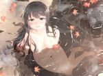  anthropomorphism autumn barefoot black_hair blush breasts cropped green_eyes kantai_collection leaves naganami_(kancolle) navel nude onsen water yui_(seiga) 