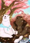  2015 anthro belly brown_body brown_fur detailed_background duo fur grizzly_(shirokuma_cafe) luluangel male mammal outside overweight overweight_male polar_bear shirokuma shirokuma_cafe sitting ursid ursine white_body white_fur 