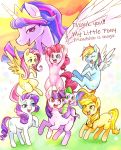  2019 applejack_(mlp) earth_pony english_text equid equine eyes_closed feathered_wings feathers female feral fluttershy_(mlp) friendship_is_magic group hair hi_res hobilo horn horse mammal multicolored_hair my_little_pony pinkie_pie_(mlp) pony rainbow_dash_(mlp) rainbow_hair rarity_(mlp) simple_background smile text twilight_sparkle_(mlp) unicorn white_background winged_unicorn wings 