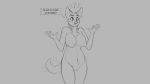  2019 ? anthro big_breasts bodily_fluids breasts canid canine canis dialogue domestic_dog female flying_sweatdrops grey_background mammal monochrome navel nipples nude pussy simple_background solo surprise sweat sweatdrop tailwag watsup 