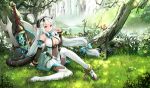  breasts chain cleavage cloudy.r demon epic7 fang forest horns long_hair pantyhose pointed_ears red_eyes sword tail tree weapon white_hair yufine_(epic7) 