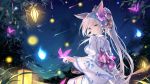  animal_ears aqua_eyes clouds flowers foxgirl fuuro_(johnsonwade) japanese_clothes landscape long_hair night original ponytail scenic sky stars tail thighhighs white_hair yukata 