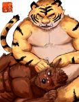  2015 anthro belly black_nose canid canine duo felid hi_res humanoid_hands luluangel male mammal moobs overweight overweight_male pantherine sitting tiger 