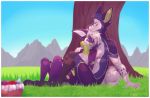  2017 anthro canid canine clothed clothing day detailed_background digital_media_(artwork) duo female grass green_nose male mammal nude outside senimasan sitting sky smile 