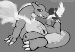  3_toes blush bodily_fluids charizard claws digital_media_(artwork) dragon female feral fire flaming_tail flaming_wings general: genital_fluids gigantamax_charizard gigantamax_pok&eacute;mon hi_res horn long_tail monochrome nintendo pok&eacute;mon pok&eacute;mon_(species) pussy pussy_juice reptile scalie simple_background slit solo spread_legs spreading thick_thighs toes tongue tongue_out video_games visionaryserpent wings 