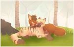  2017 4_toes brown_body brown_fur canid canine canis day detailed_background digital_media_(artwork) duo feral forest fur grass lying mammal outside senimasan toes tree wolf 
