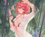  animal atdan bikini blush breasts chiyu_(synthv) cleavage cropped fish leaves red_eyes red_hair see_through shirt short_hair swimsuit synthesizer_v underwater waifu2x water 