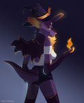  anthro big_ears breasts chiropteran claws clothed clothing digital_media_(artwork) female fire fishnet fishnet_legwear fur hat headgear headwear hi_res legwear looking_at_viewer magic magic_user mammal papertriangle simple_background solo solo_focus wings witch witch_hat 