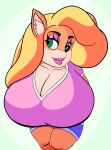  absurd_res activision bandicoot big_breasts blonde_hair bottomwear breasts clothing crash_bandicoot_(series) green_eyes hair hi_res huge_breasts lipstick makeup mammal marsupial mudamura shorts tawna_bandicoot video_games 