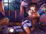  boots breasts brown_hair elbow_gloves fate/grand_order fate_(series) gloves halloween hat long_hair osakabehime pumpkin purple_eyes slime_(user_jpds8754) thighhighs tree twintails witch 