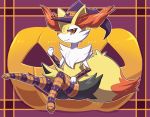  ambiguous_gender armwear braixen bridal_gauntlets clothing ecru halloween holidays jack-o&#039;-lantern leggings legwear looking_at_viewer magic_user nintendo orange_eyes pok&eacute;mon pok&eacute;mon_(species) smile solo stockings video_games witch 