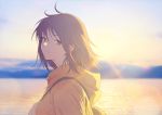  brown_eyes brown_hair close hoodie original ryuga_(balius) short_hair signed sky water 