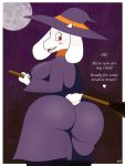  &lt;3 2019 anthro big_breasts big_butt blush boss_monster bovid breasts broom butt caprine clothed clothing cute_fangs english_text eyebrows eyelashes female fur goat halloween hat headgear headwear hi_res holidays hoodie_stalker horn legwear lingerie looking_back magic_user mammal mature_female open_mouth presenting rear_view red_eyes scarf simple_background smile solo standing text thick_thighs topwear toriel undertale video_games white_body white_fur wide_hips witch witch_hat 