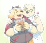  2019 anthro canid canine canis clothing cu_sith_(tas) domestic_dog duo eyes_closed eyewear glasses hi_res humanoid_hands leib_(tas) male mammal numpia one_eye_closed overweight overweight_male polar_bear shirt simple_background tokyo_afterschool_summoners topwear ursid ursine video_games white_background wink 