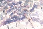  clouds dress feathers long_hair onineko original polychromatic sky white_hair wings 