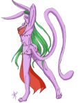  beads butt claws clothing deathbead eyes_closed female fur green_hair hair loincloth long_ears long_hair mistressvixen nipples pink_body pink_fur solo toe_claws translucent translucent_clothing 