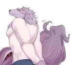  2019 back_pose bathym canid canine canis cddhi_h clothing demon fur horn invalid_tag male mammal muscular muscular_male purple_body purple_fur sweater tokyo_afterschool_summoners topwear video_games wolf 