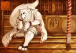  2015 anthro biped canid canine clothed clothing detailed_background footwear fox fur gingitsune gintaro humanoid_hands luluangel male mammal overweight sandals sitting solo white_body white_fur 