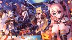  animal_ears black_hair blonde_hair blue_eyes eyepatch foxgirl green_eyes group halloween hat long_hair multiple_tails original pink_hair pumpkin red_eyes tail thighhighs twintails usagihime white_hair witch witch_hat 