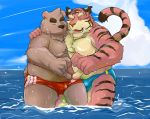  2010 anthro belly bulge clothing duo eyes_closed felid hug male male/male mammal moobs overweight overweight_male pantherine sippo swimwear tiger ursid water wet 