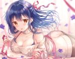  ass blue_hair blush breasts brown_eyes cleavage cropped flowers long_hair original ribbons sousouman 