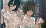  2girls black_hair blush bra brown_hair building long_hair original see_through shikei short_hair towel underwear wet 