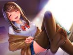  blush bow brown_eyes brown_hair fang i_am_homeko long_hair original school_uniform skirt thighhighs 