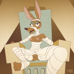  1:1 2018 absurd_res amunet_(ducktales) anubian_jackal bandage bedroom_eyes breasts canid canine canis chair disney ducktales ducktales_(2017) egyptian eyeshadow female furniture half-closed_eyes hi_res jackal looking_at_viewer makeup mammal monochrome nipples open_mouth presenting pussy seductive sepia solo throne tvma unwrapping 