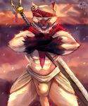  2018 anthro blush bulge capcom cheetahpaws clothed clothing crossed_arms felid felyne front_view fur gloves_(marking) hi_res looking_at_viewer lynian male mammal markings meowscular_chef monster_hunter muscular muscular_male one_eye_closed open_mouth palico pecs smile solo standing topless underwear video_games weapon 