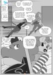  annoyed anthro anthrofied bottomwear clothing comic dialogue dragon english_text equid equine explosives facial_hair fangs friendship_is_magic grenade hand_grenade hi_res horse legwear mammal monochrome mustache my_little_pony pia-sama pinkie_pie_(mlp) pony running skirt slit_pupils socks spike_(mlp) text weapon 
