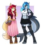  2019 4_toes 5_fingers absurd_res aerith_gainsborough ambris anthro blue_eyes blue_hair bottomwear bracelet breasts canid canine clothed clothing cosplay dress duo ear_piercing erika_(ambris) female final_fantasy final_fantasy_vii fingers fish fox fully_clothed furgonomics furry-specific_piercing gloves_(marking) green_eyes hair hi_res jewelry legwear long_hair mammal marine markings midriff navel non-mammal_breasts piercing red_hair rose_(ambris) shark shirt shorts smile square_enix tail_piercing tank_top thigh_highs tifa_lockhart toes topwear video_games 