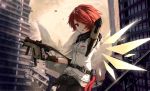  arknights building city cropped exusiai_(arknights) gloves gun halo pantyhose red_eyes red_hair ruins short_hair skirt snozaki torn_clothes weapon wings 