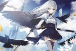  animal beckzawachi bird braids cape clouds flowers gloves gray_hair green_eyes katana long_hair original sky sword thighhighs weapon wings 