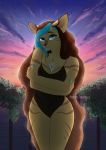  anthro big_ears breasts claws clothed clothing cloud detailed_background digital_media_(artwork) domestic_cat felid feline felis female fur hair hi_res looking_at_viewer mammal sea sky small_breasts smile solo solo_focus striped_body striped_fur stripes sunset swimwear water 