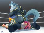  2019 android anthro bodysuit breke butt canid canine canis clothing duo facesitting felid fighting_ring hi_res humiliation machine male mammal muscular muscular_male nomad_(tas) pantherine public robot skinsuit subaru_aotk tiger tight_clothing tokyo_afterschool_summoners video_games wolf wrestling 