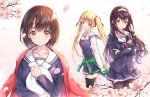  blonde_hair blue_eyes blush brown_eyes brown_hair cherry_blossoms cuna_(qunya) flowers headband kasumigaoka_utaha katou_megumi long_hair pantyhose red_eyes saenai_heroine_no_sodatekata sawamura_spencer_eriri school_uniform short_hair skirt thighhighs twintails 