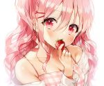  blush close cropped food fruit long_hair original pink_eyes pink_hair shirt strawberry waifu2x weri white 