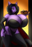  2019 absurd_res anthro big_breasts bottomwear bra breasts candy candy_bowl cape cleavage clothed clothing curvy_figure digital_media_(artwork) domestic_cat fangs felid feline felis female fingers food fur green_eyes hair halloween hi_res holidays huge_breasts lanie_bannister_(lildredre) legwear looking_at_viewer mammal navel navel_piercing navel_ring panties piercing purple_body purple_fur smile solo stockings thick_thighs thigh_highs thong top underwear vampire voluptuous wide_hips xwingedvixenx 