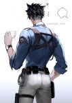 1boy arm_at_side belt black_hair blank_speech_bubble blue_shirt chest_harness coffee_cup colored_skin cowboy_shot cuffs cup disposable_cup from_behind genshin_impact hand_up handcuffs harness holding holding_cup holster male_focus np_(1231_0720) pants police police_uniform scar scar_on_arm shirt short_hair sleeves_rolled_up solo speech_bubble teabag thigh_holster tight_clothes tight_pants toned toned_male uniform utility_belt watch white_background white_pants white_skin wriothesley_(genshin_impact) wristwatch 