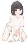  1girl 1ssakawaguchi :d absurdres ahoge arm_support bare_legs barefoot black_hair blue_eyes blunt_bangs blunt_ends blush bob_cut collarbone commentary_request dot_nose full_body hands_on_ground highres ichika_(1ssakawaguchi) kneeling leaning_forward looking_at_viewer no_pants open_mouth original shirt short_hair short_sleeves simple_background smile solo spread_legs straight_hair t-shirt tareme tiptoes toes white_background white_shirt 