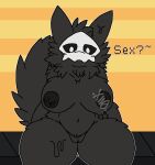 .xil0. anthro big_butt blush breasts butt changed_(video_game) dominant dripping female fluffy fluffy_tail goo_creature hi_res latex looking_at_viewer mask navel nipples overweight puro_(changed) simple_background sitting solo tail text thick_thighs watermark
