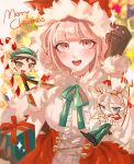  1girl 2boys :d blunt_bangs blurry blurry_background blush breasts brown_hair cape center_frills chibi danganronpa_(series) danganronpa_2:_goodbye_despair dress frills fur-trimmed_cape fur_trim gift green_ribbon hand_up highres hinata_hajime holding holding_gift kado_51 komaeda_nagito large_breasts merry_christmas multiple_boys nanami_chiaki neck_ribbon ribbon santa_dress smile teeth upper_teeth_only 