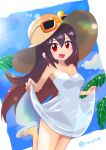  1girl :d absurdres bare_shoulders brown_hair brown_headwear dress eyewear_on_headwear hair_between_eyes hat highres lifted_by_self long_hair looking_at_viewer open_mouth pokemon pokemon_sm red_eyes sengenjin31 sightseer_(pokemon) sleeveless sleeveless_dress smile solo strapless strapless_dress sun_hat sunglasses 