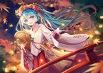  autumn fan flowers green_eyes green_hair hatsune_miku japanese_clothes lalazyt leaves long_hair miko twintails vocaloid 