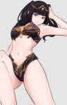  1girl armpits baldur&#039;s_gate baldur&#039;s_gate_3 bare_arms bare_legs black_hair bra breasts brown_eyes cosplay dungeons_and_dragons fire_emblem fire_emblem_awakening grey_background hair_ornament hand_on_own_head highleg highres long_hair looking_at_viewer lying medium_breasts midriff navel panties patterned_clothing purple_bra purple_panties serafineart1001 shadowheart_(baldur&#039;s_gate) solo tharja_(fire_emblem) tiara twitter_username underwear 