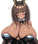  1girl animal_ears bare_shoulders black_bow black_bowtie black_leotard blush bow bowtie breasts brown_hair cleavage commentary_request dark-skinned_female dark_skin detached_collar fake_animal_ears flying_sweatdrops goddess_of_victory:_nikke highres huge_breasts kurorettsu leotard long_hair looking_at_viewer noir_(nikke) playboy_bunny rabbit_ears solo strapless strapless_leotard very_long_hair yellow_eyes 