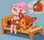animal_crossing anonymous_artist anthro anthro_penetrated anus bed black_eyes blush blush_stickers bodily_fluids breasts brown_body brown_eyes brown_fur deer dominant dominant_female duo eyelashes fauna_(animal_crossing) female female/female fingering fur furniture genital_fluids genitals hair hooves human internal internal_vaginal interspecies lying mammal nintendo nude on_front on_lap one_eye_closed open_mouth penetration pillow pink_hair pupils pussy scut_tail shaking short_tail simple_background sitting smile smirk submissive submissive_female tail tears trembling uterus vaginal vaginal_fingering vaginal_penetration villager_(animal_crossing) white_pupils wince