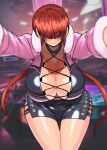  1girl akisu_k belly_chain black_choker blush breasts choker cleavage cowboy_shot cropped_jacket cross-laced_clothes cross-laced_dress dress fur-trimmed_jacket fur_trim hair_over_eyes imminent_kiss jacket jewelry leaning_forward long_hair long_sleeves looking_at_viewer parted_lips photo_background pink_jacket pov red_hair revealing_clothes shermie_(kof) shiny_clothes shiny_skin short_dress sidelocks smirk solo the_king_of_fighters the_king_of_fighters_xv thigh_gap thighs tight_clothes tight_dress wide_hips 