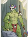 abs absurd_res anthro biceps bone bottomwear chilly_tokage clothing dreamcatcher green_body hi_res lihzahrd lizard loincloth male mask muscular muscular_anthro muscular_male pecs reptile scalie skull skull_mask solo staff tail terraria witch_doctor_(terraria)